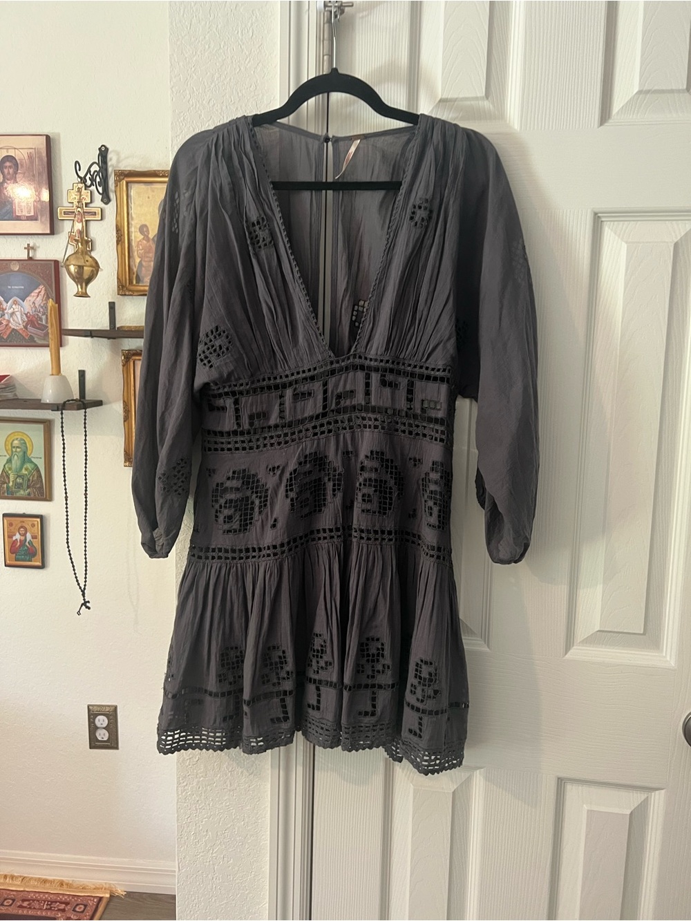 Free People Charcoal Gray Embroidered Mini Dress